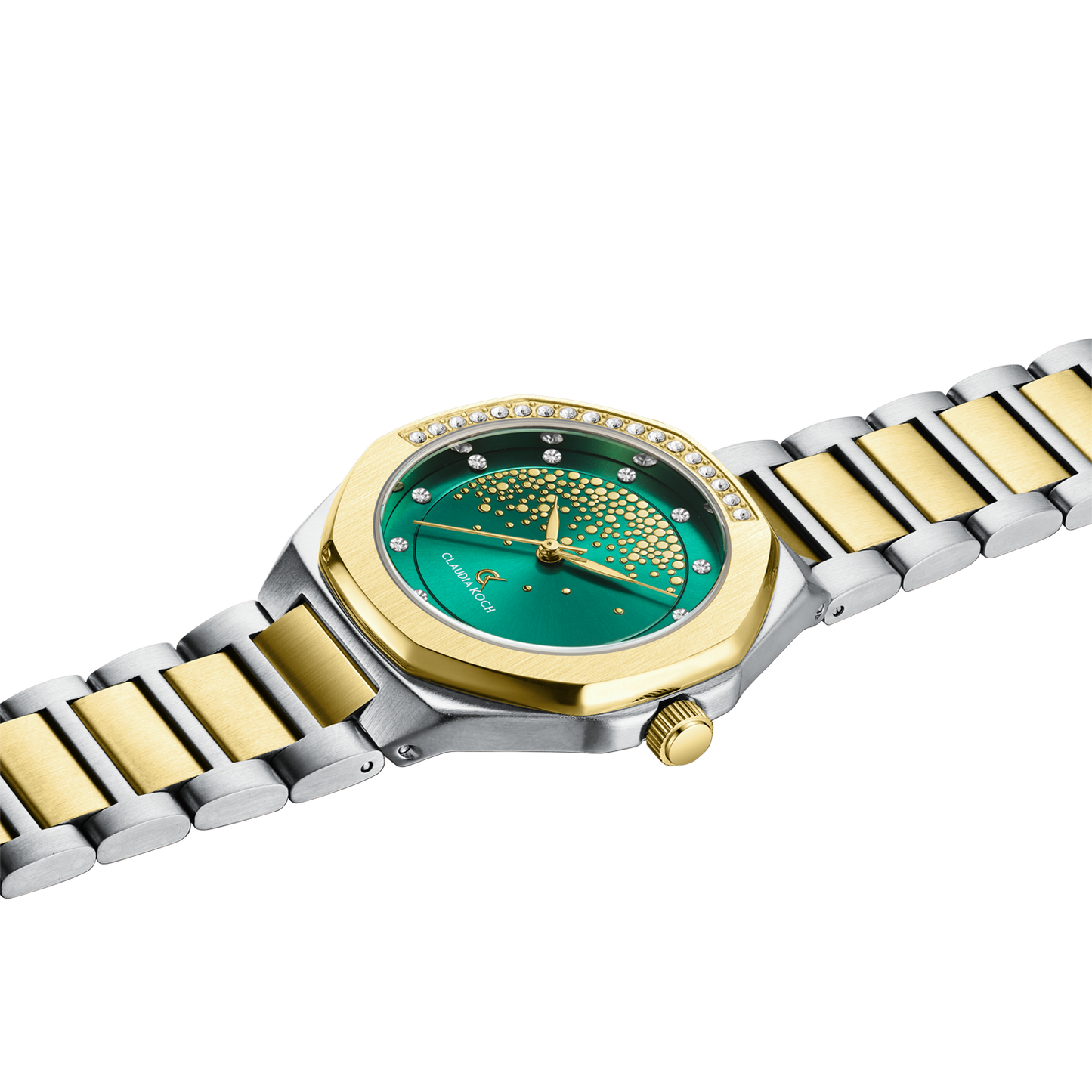 Luxury Women’s Watch with Stone-Studded Dial Two-Tone Goldgreen