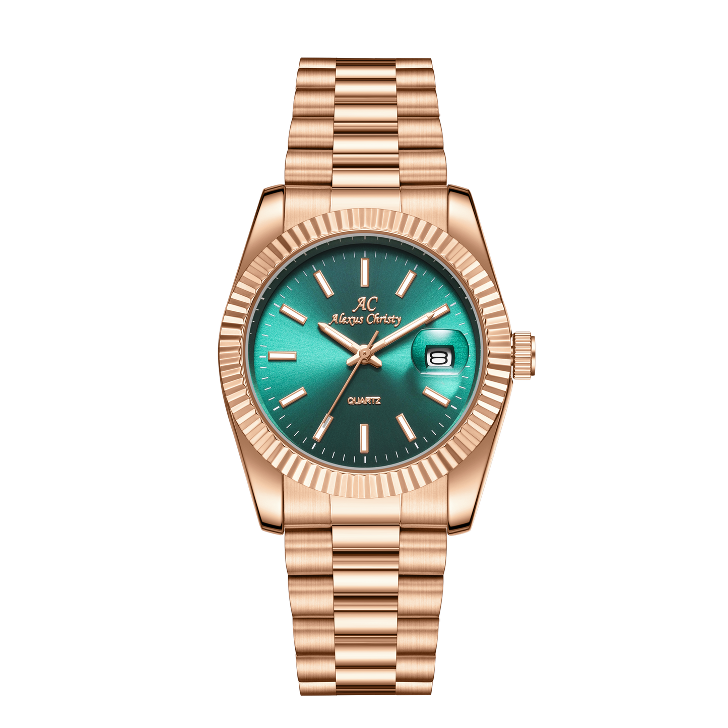 Elegant Unisex Classic Date Display Watch Rosegold Green