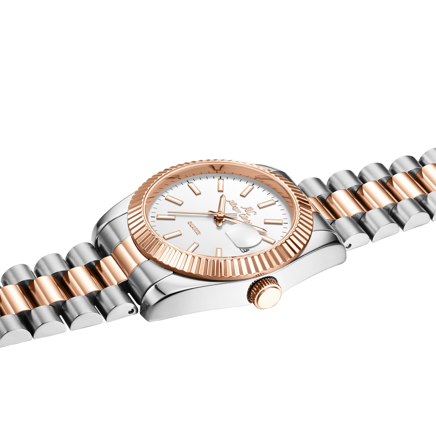 Elegant Unisex Classic Date Display Watch Two-Tone Rosegold White