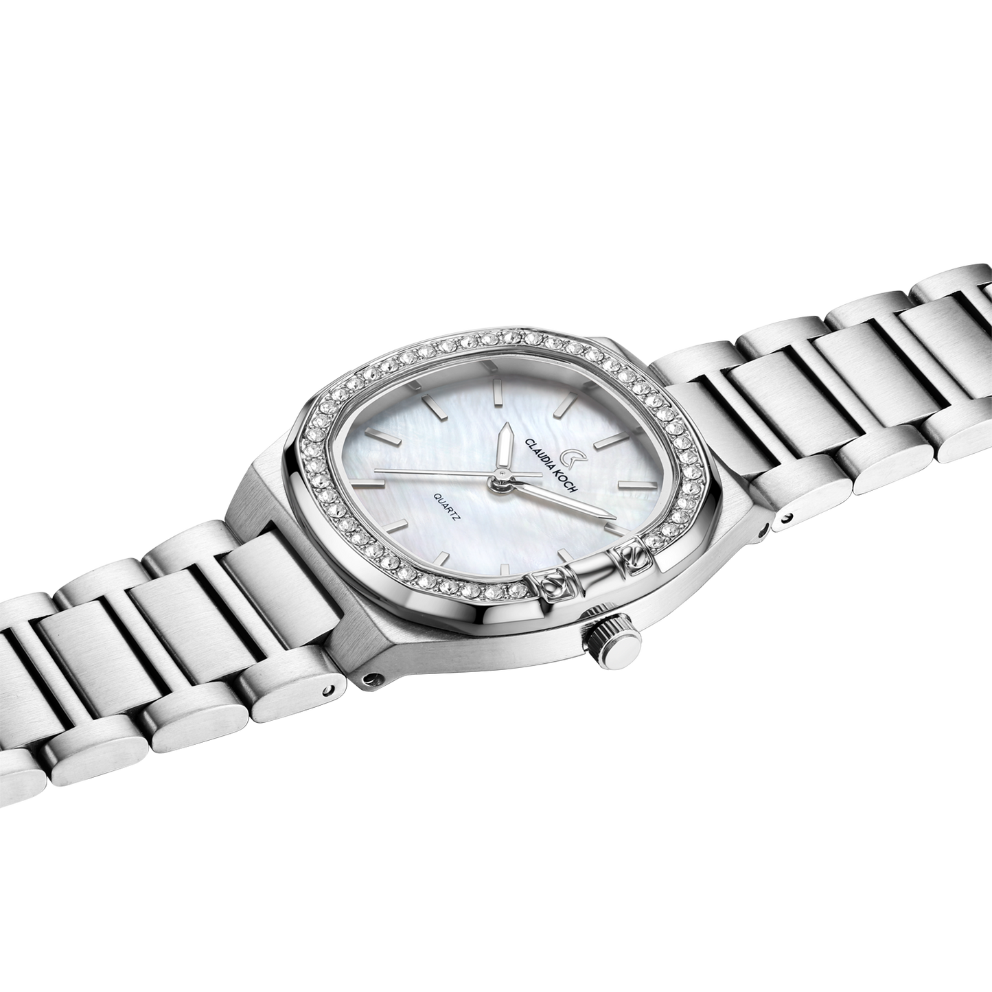 Luxury Women’s Watch with Curved Square Dial & Stone Accents Silver