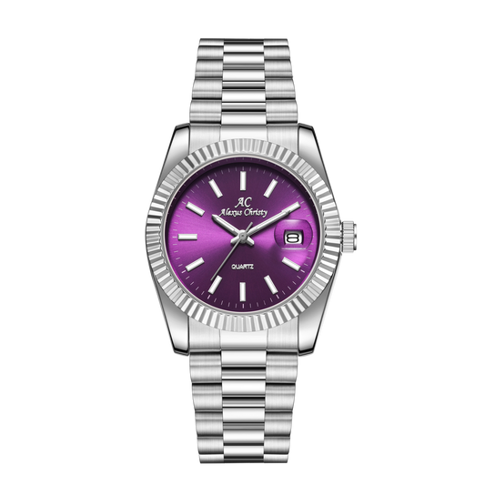 Elegant Unisex Classic Date Display Watch Silver Purple