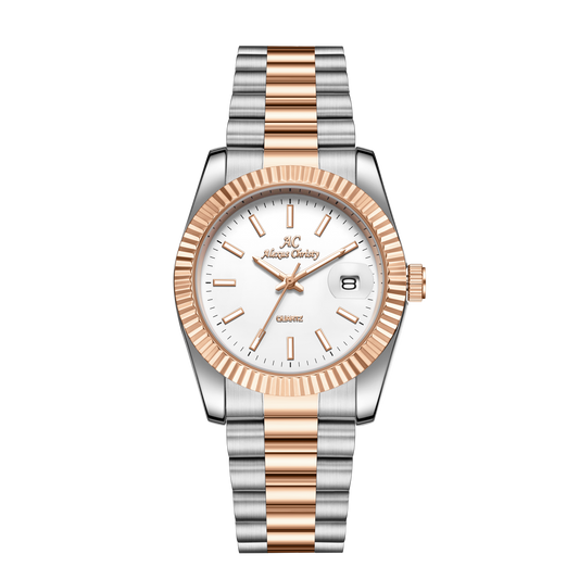 Elegant Unisex Classic Date Display Watch Two-Tone Rosegold White