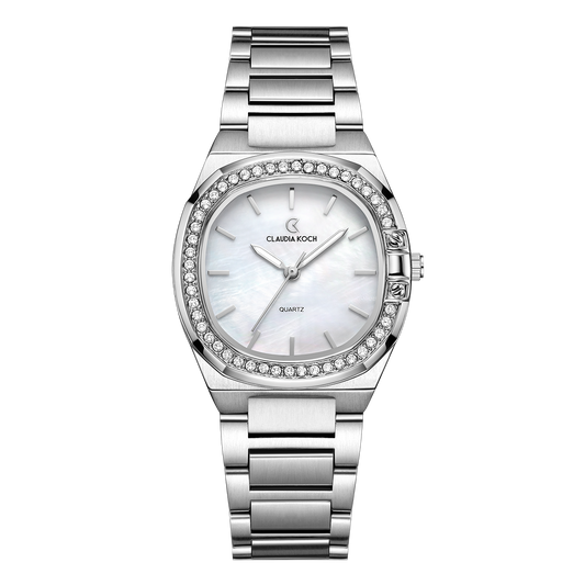 Luxury Women’s Watch with Curved Square Dial & Stone Accents Silver