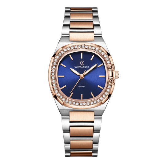 Luxury Women’s Watch with Curved Square Dial & Stone Accents Two-Tone Rosegold Blue