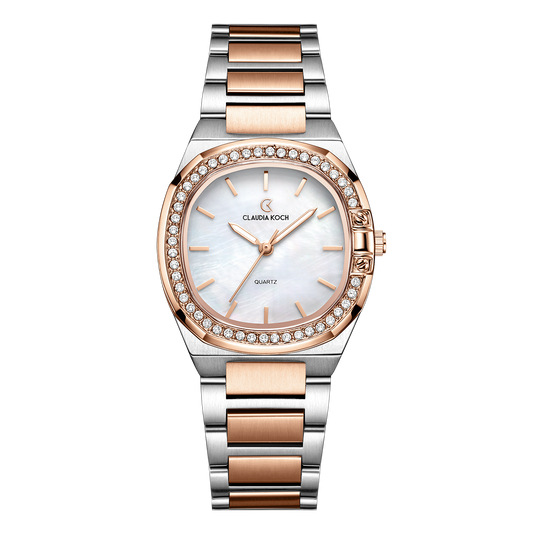 Luxury Women’s Watch with Curved Square Dial & Stone Accents Two-Tone Rosegold